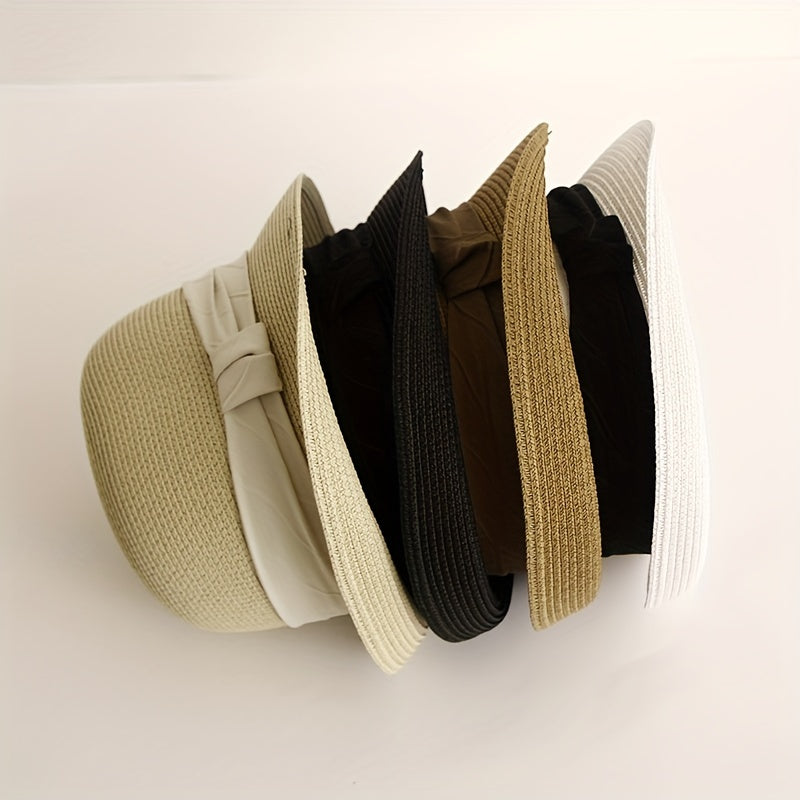 Rolled Brim Straw Fedora Sun Hat Unisex Jazz Cap Solid Color Summer Beach Hats