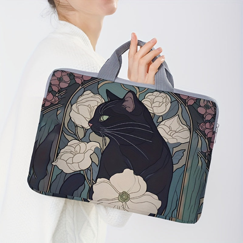 Cat with Peonies Laptop Sleeve 38cm Zip Closure Polyester Office College Commute