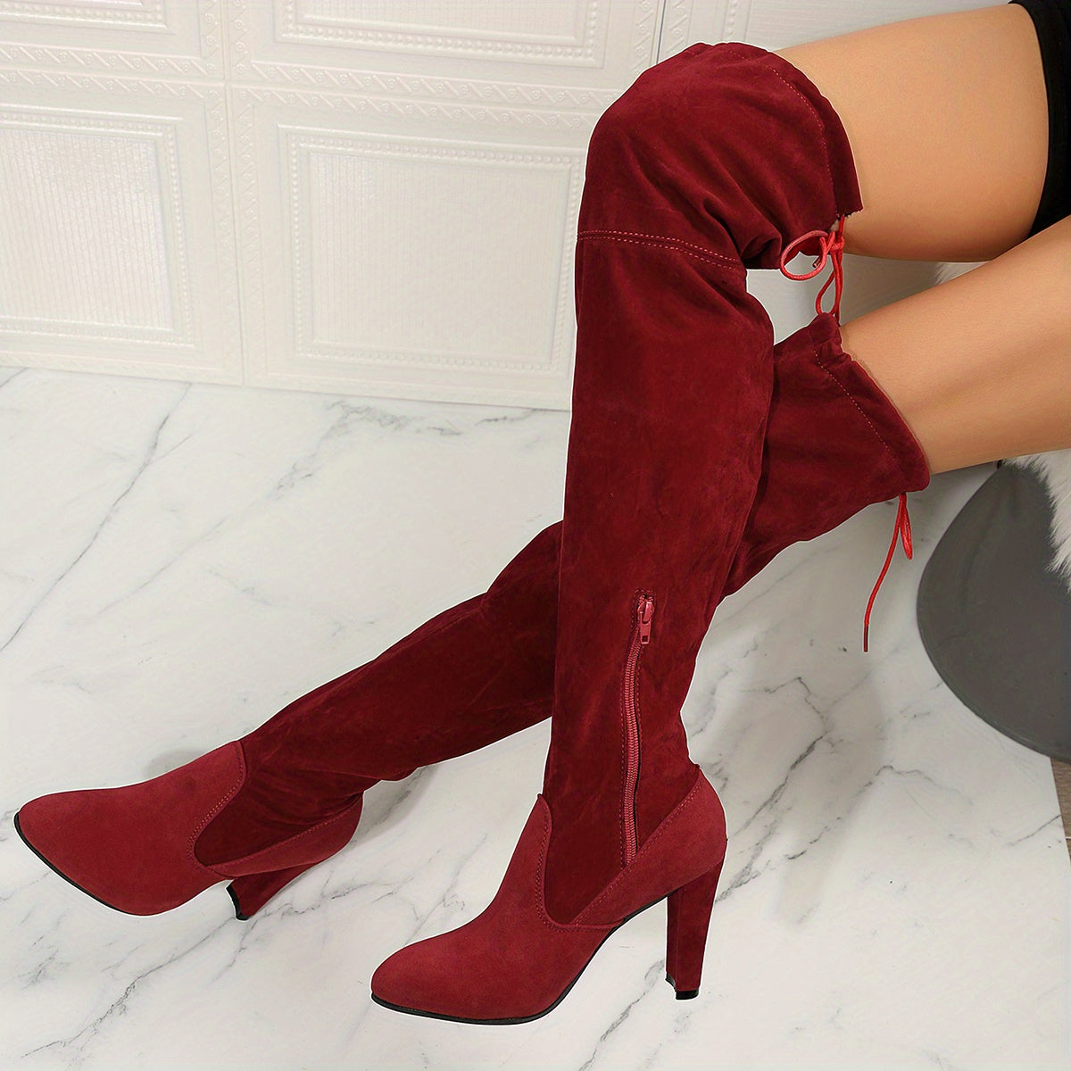 Women's Block Heel Over-The-Knee Boots Lace-Up Pointed Toe Solid