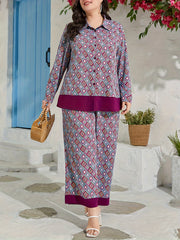  Geometric Print Blouse & Wide Leg Pants Set