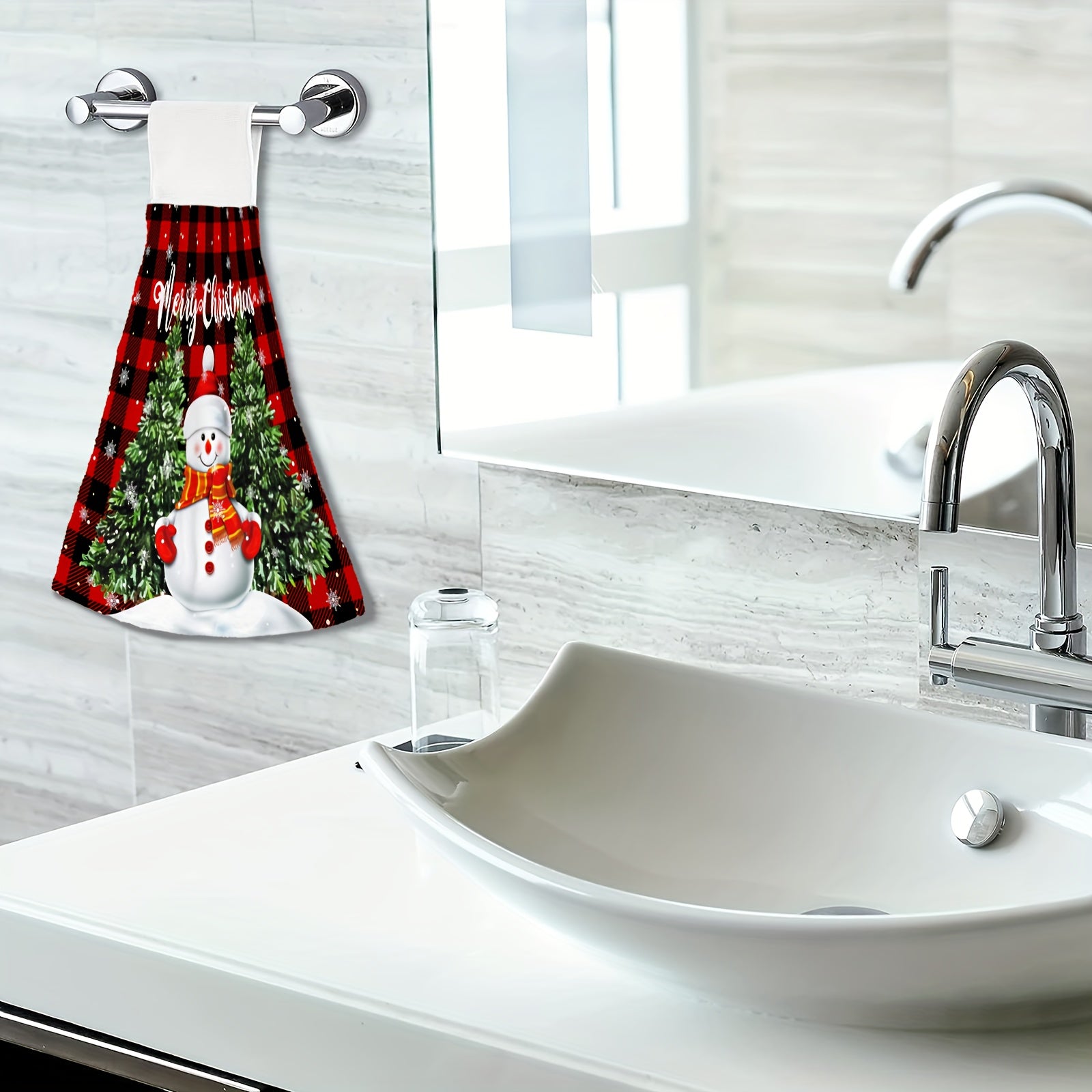 Christmas Snowman Pattern Fingertip Towel Hanging Towel Plaid Soft Absorbent
