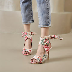 Floral Print Peep Toe Lace Up Stiletto Heels Sandals
