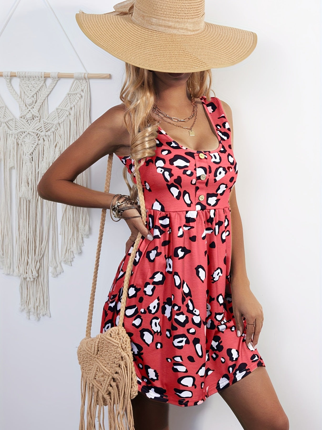 Leopard Print Button Front Dress Sleeveless Casual Dress