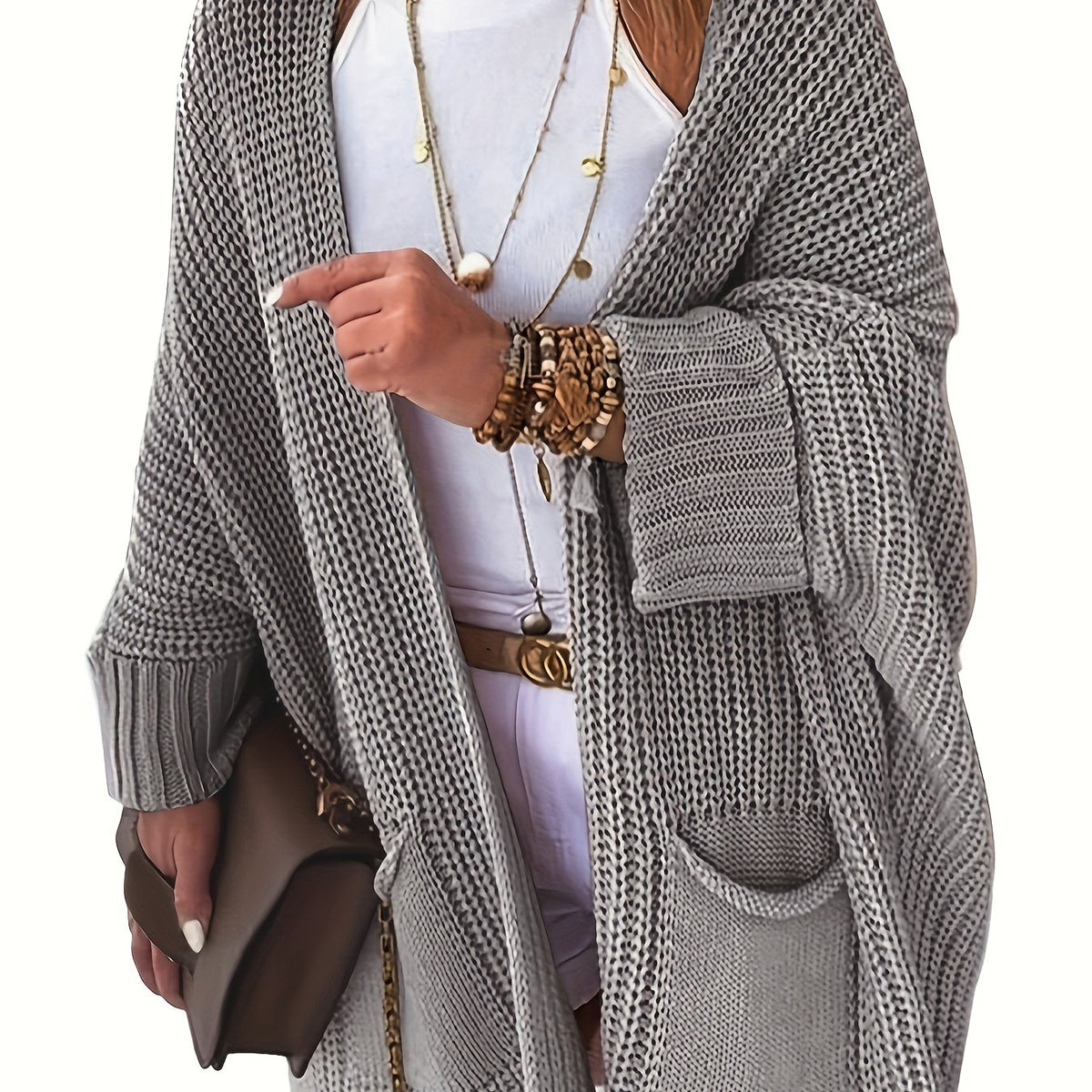  Solid Bat Sleeve Open Front Cardigan With Pockets