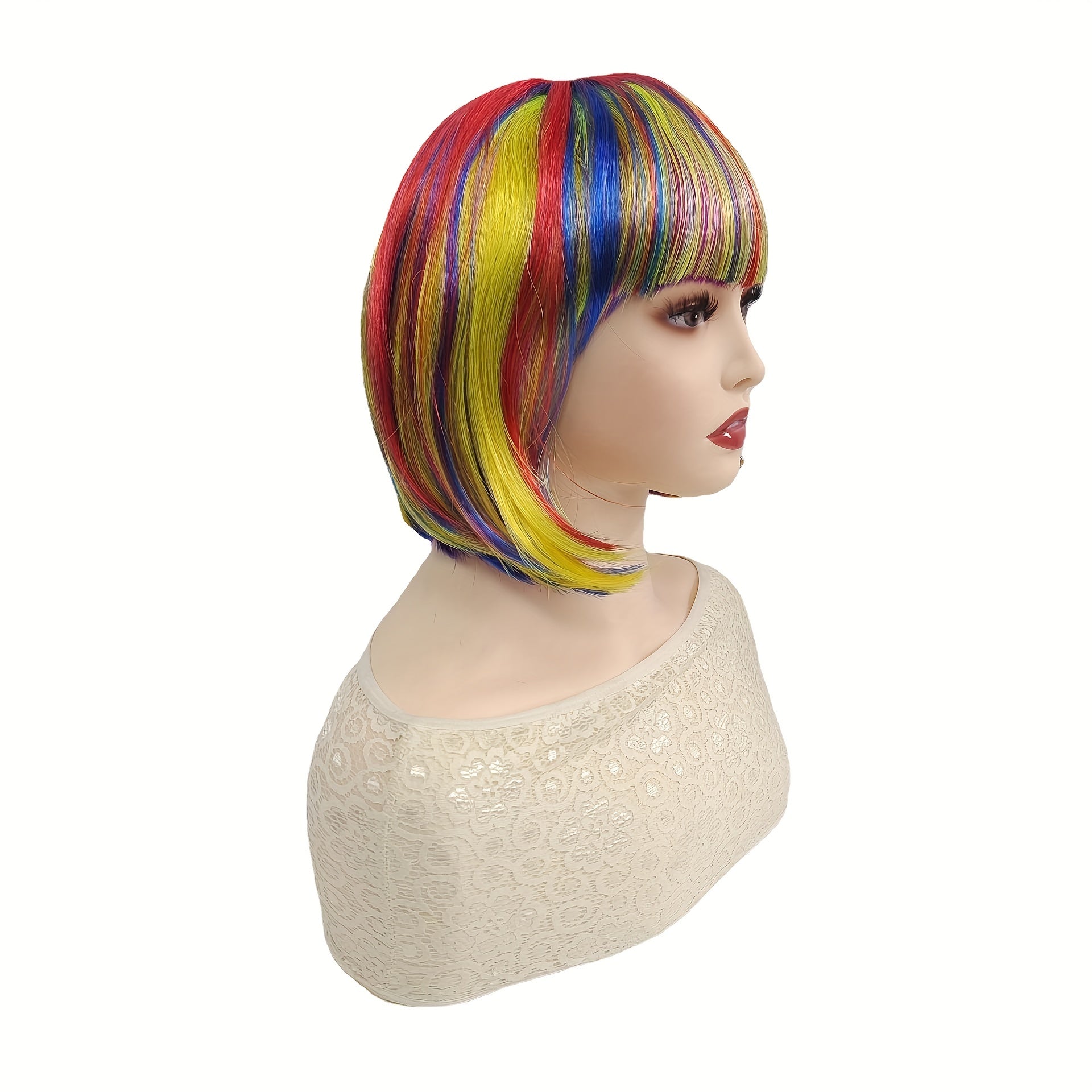 Rainbow Colors Short Hair Bob Wig With Bangs Synthetic Cosplay Daily Party Wig