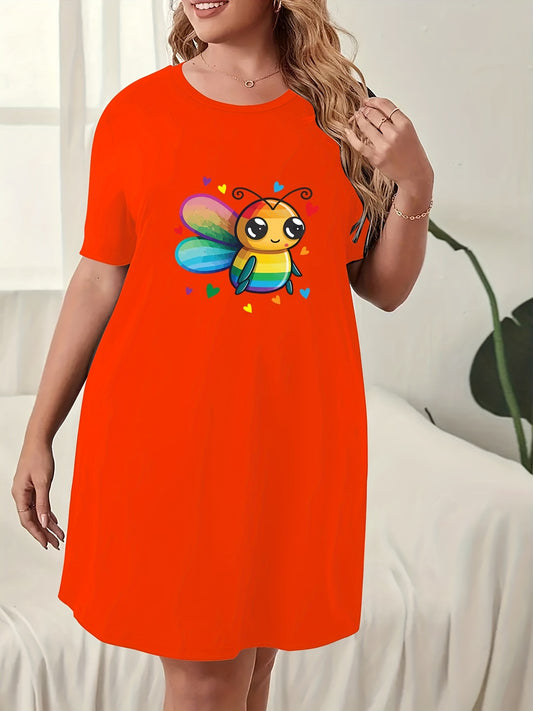  Bee & Heart Print Nightdress Round Neck Short Sleeve Sleep Dress