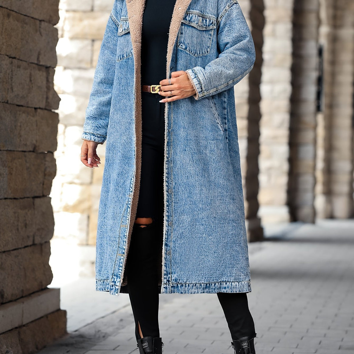  Casual Denim Jacket Women's Plus Solid Fleece Longline Denim
