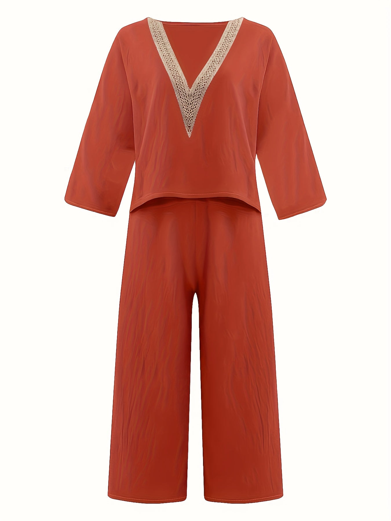 V Neck Lace Trim T shirt & Wide Leg Pants Set