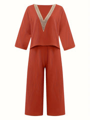 V Neck Lace Trim T shirt & Wide Leg Pants Set