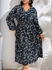  Ditsy Print Lantern Sleeve Midi Dress