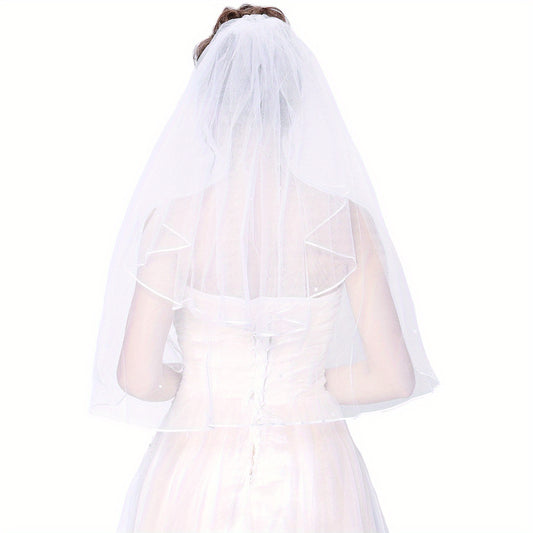 Short Tulle Wedding Veil Ribbon Edge Comb Bridal Bachelorette Party Accessories