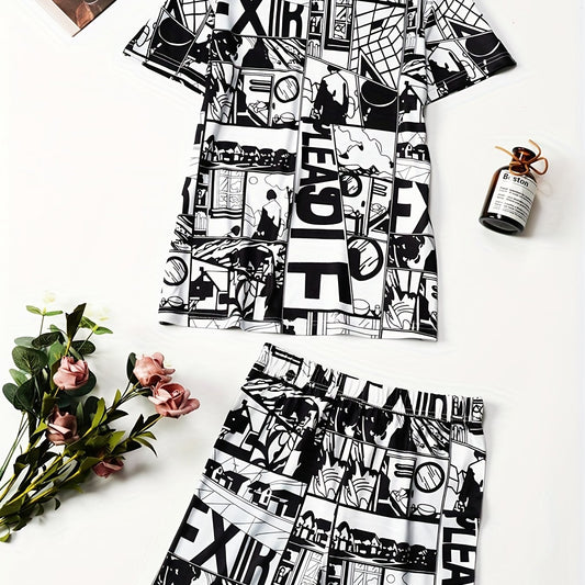 Anime Print Two piece Shorts Set Top & Casual Shorts