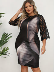  Stripe Print Lace Panel Sleeve Dress