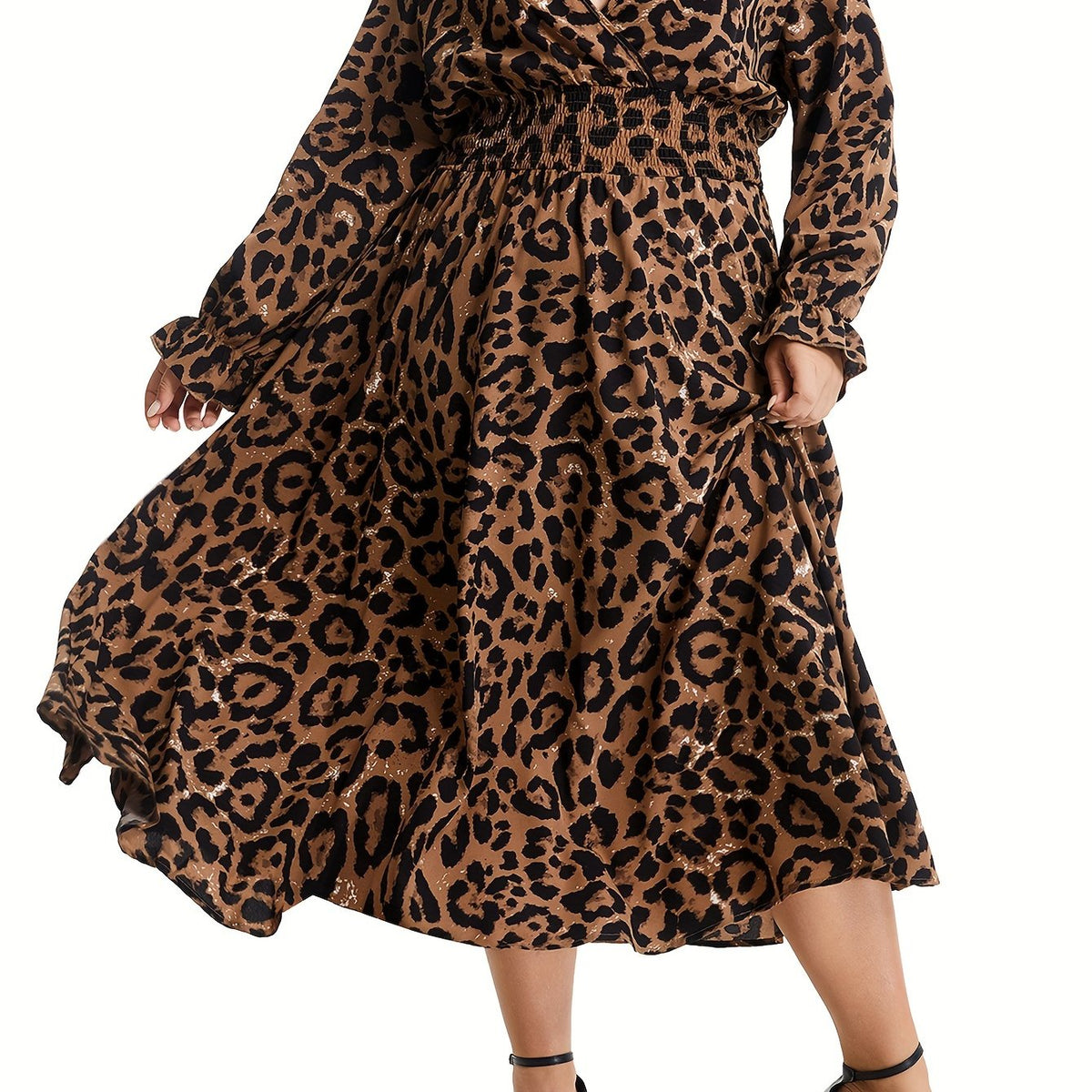  Leopard Print Long Sleeve Midi Dress