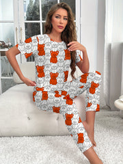 Bear Print Pajama Set Short Sleeve Crew Neck Top & Pants Women's Loungewear