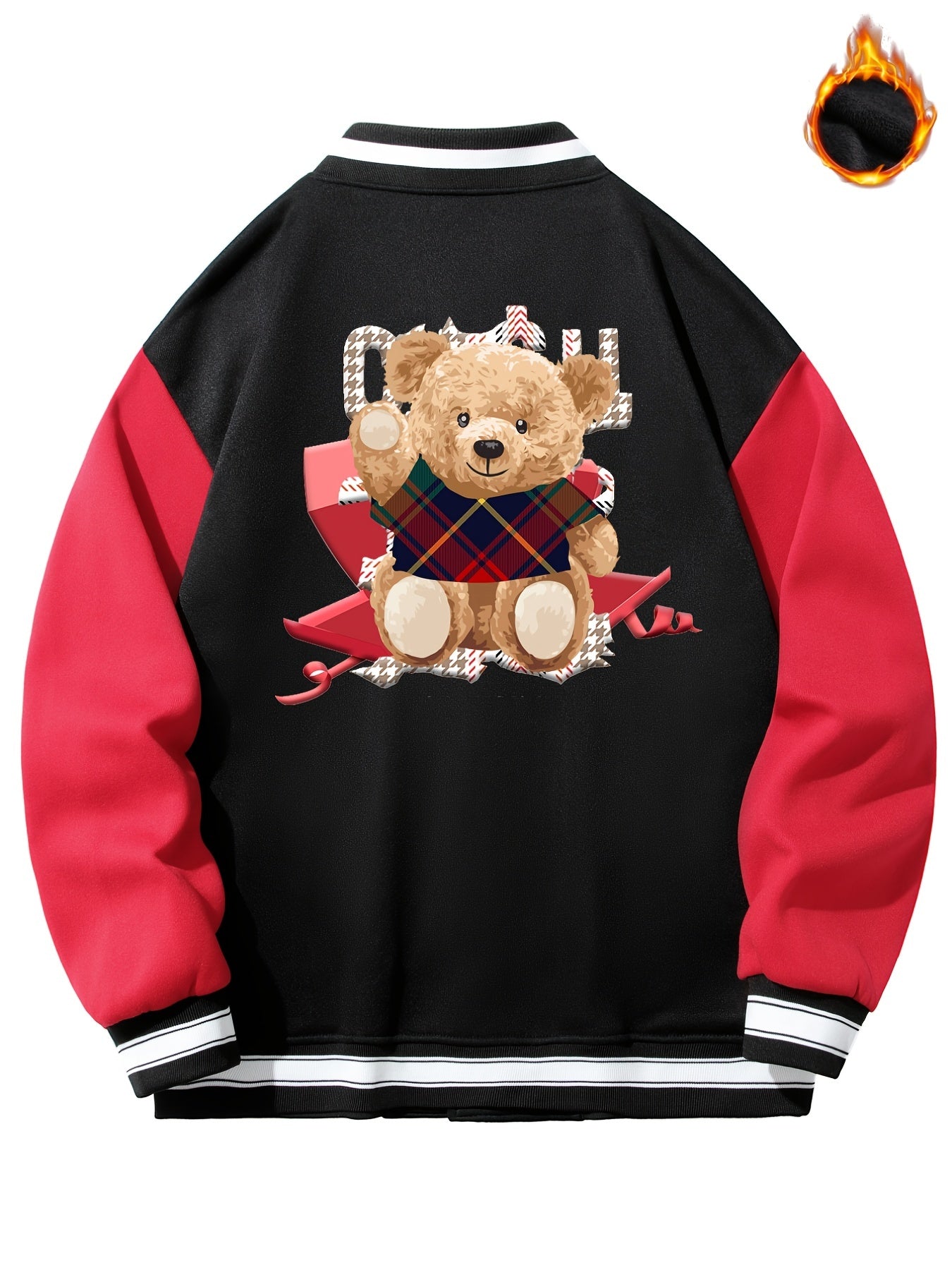Men's Teddy Bear Print Jacket with Baseball Collar and Pocket