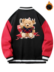 Men's Teddy Bear Print Jacket with Baseball Collar and Pocket