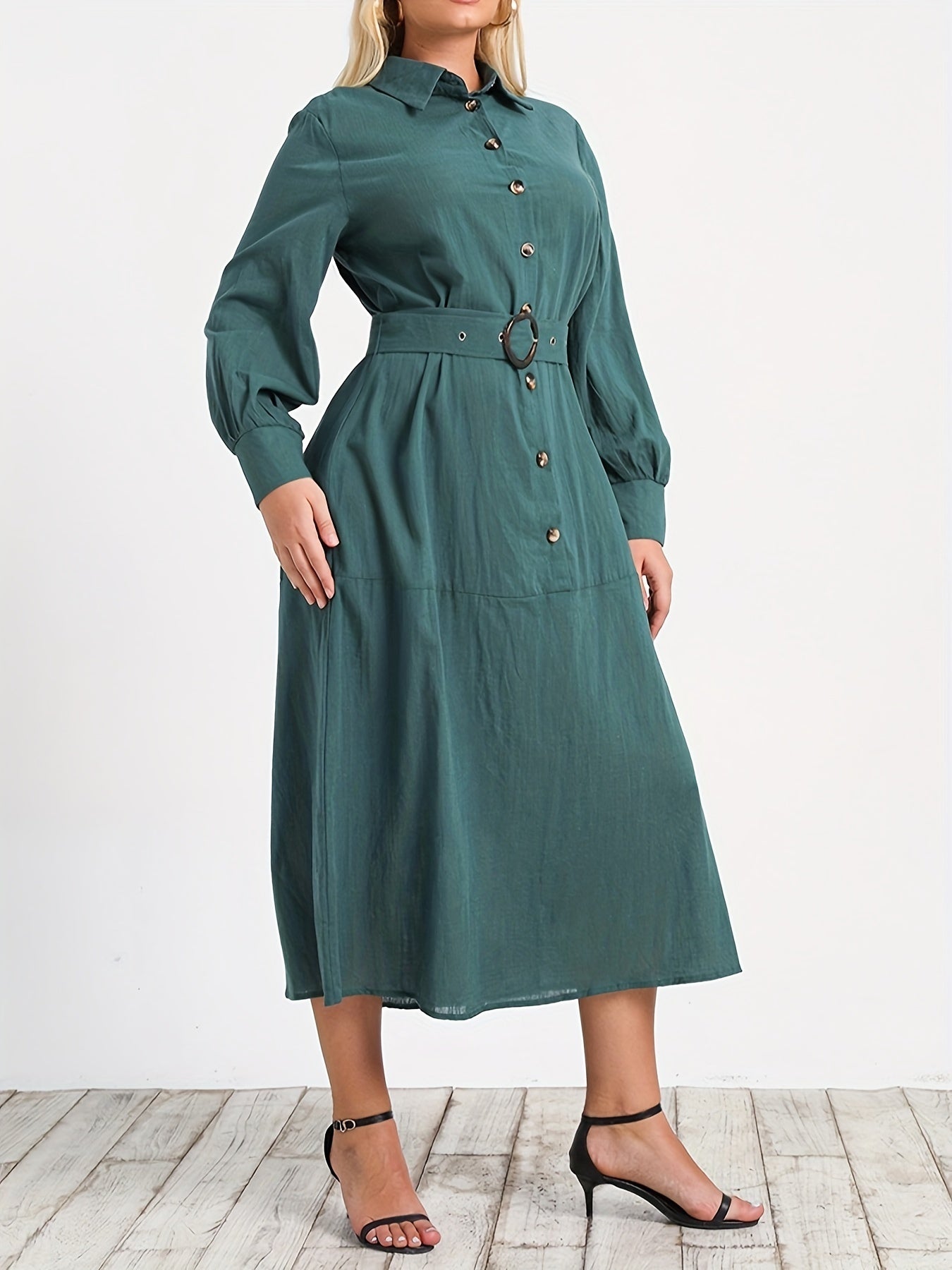  Solid Button Up Lantern Sleeve Shirt Dress With Belt