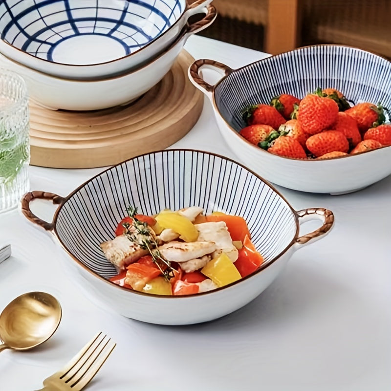 Ceramic Retro Style Two Ear Bowl High Beauty Noodle Bowl for Salad Fruit Pasta