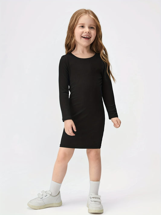Little Girls Long Sleeve Solid Casual T Shirt Dress Stretchy Comfy Fit