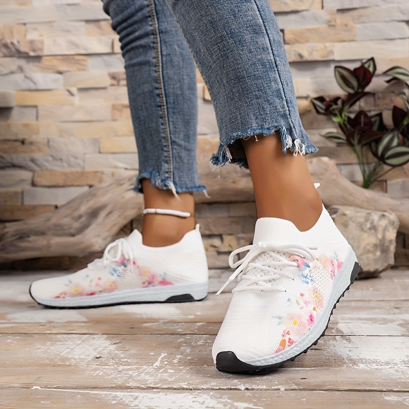 Women's Flower Pattern Knit Sock Sneakers Lace Up Shoes