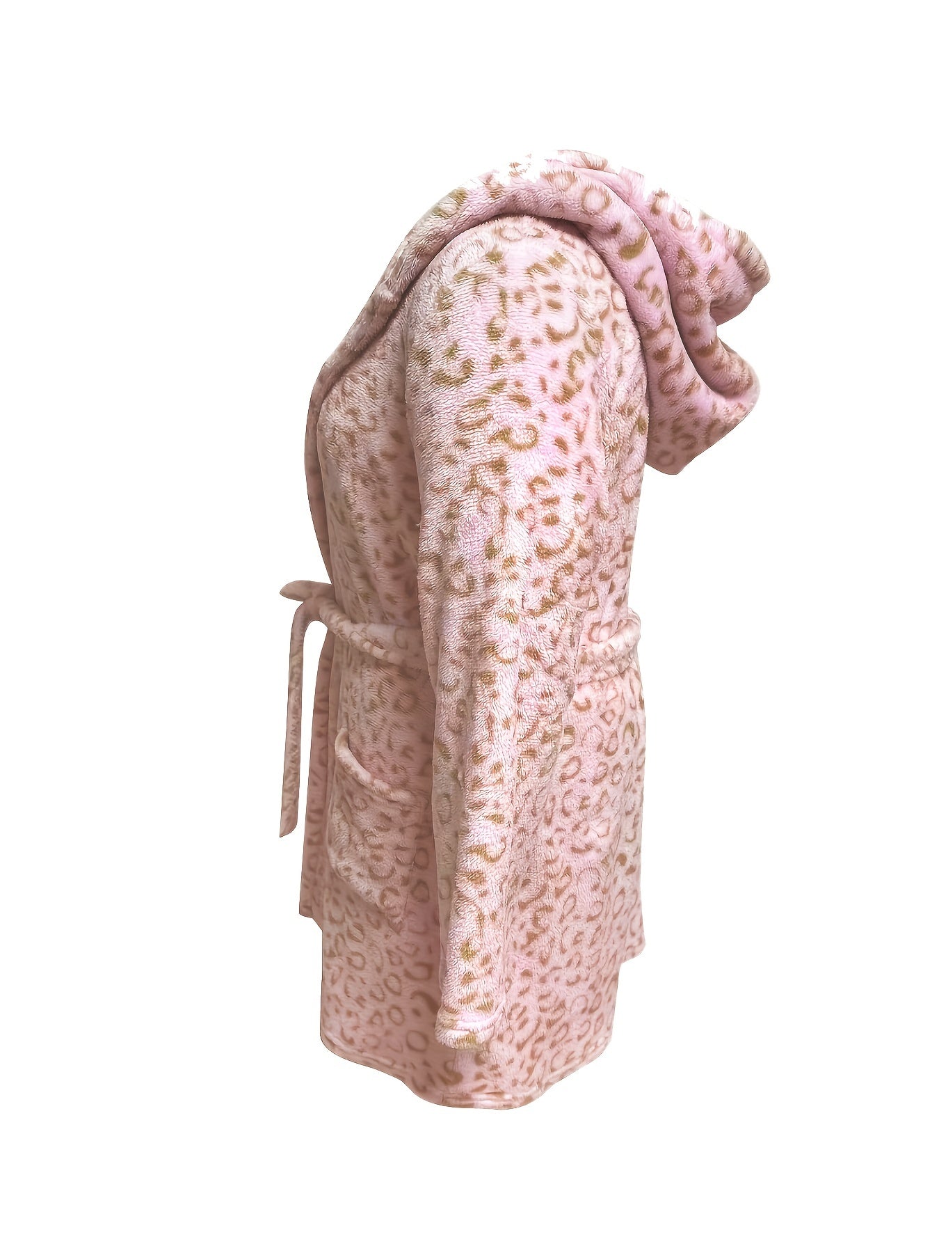  Leopard Pattern Hooded Flannel Robe with Pockets