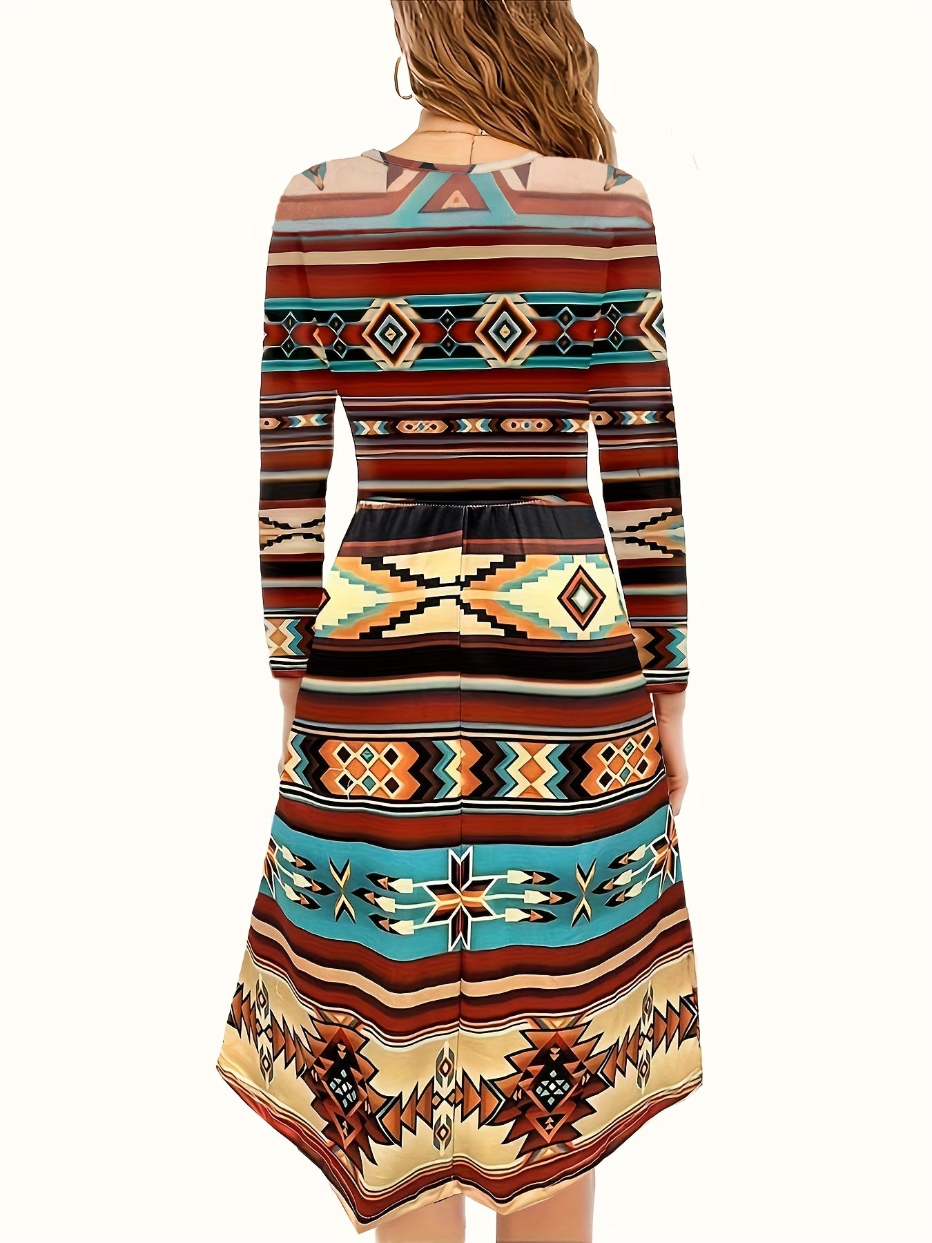  Colorblock Geometric Print Boho Dress