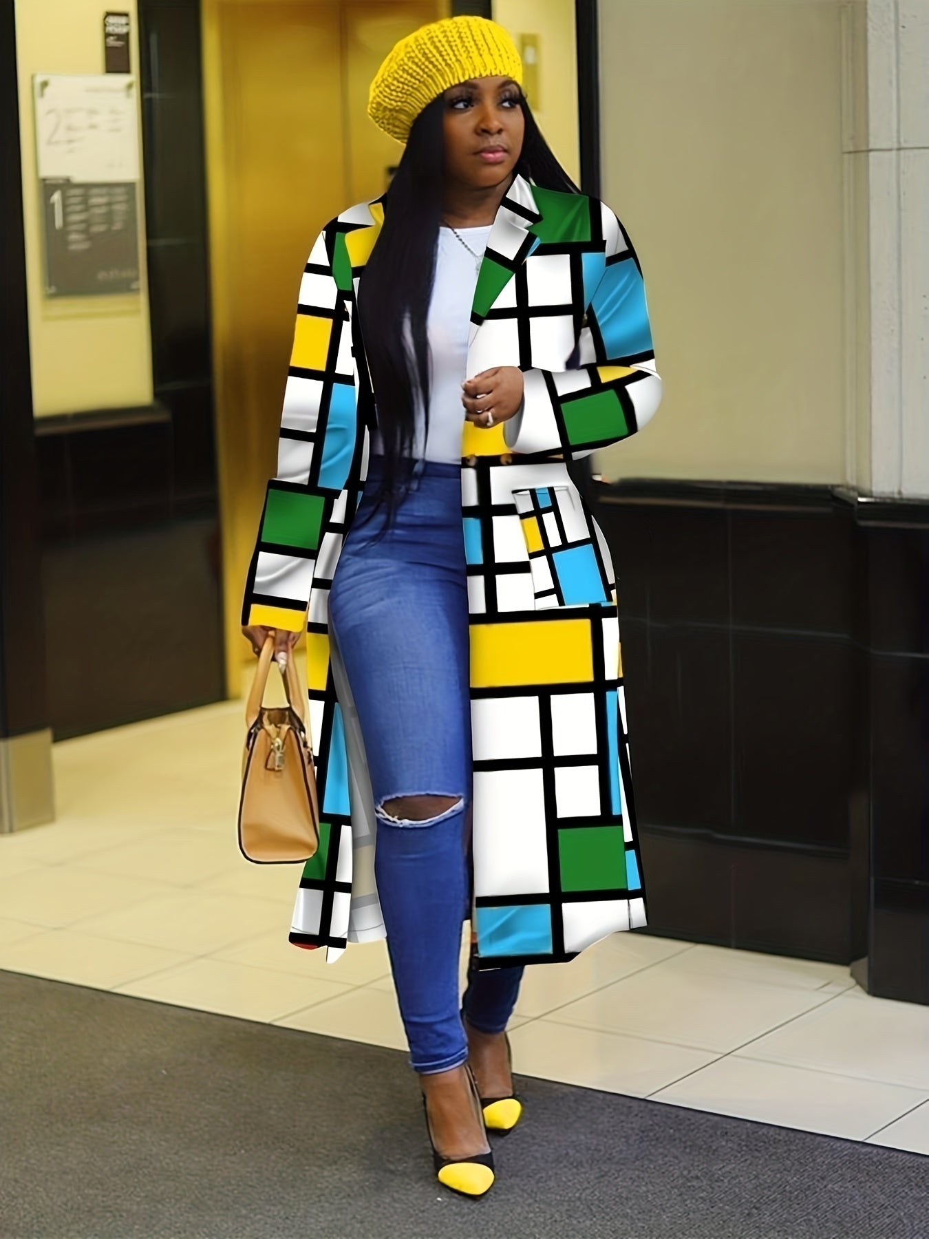 Plaid Patchwork Button Down Double Lapel Trench Coat Winter Jacket