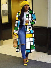 Plaid Patchwork Button Down Double Lapel Trench Coat Winter Jacket