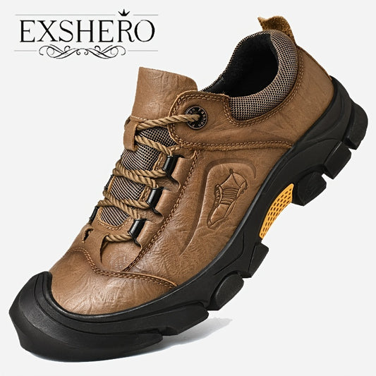 EXSHRO Men's Leather Hiking Shoes Anti-skid Sneakers