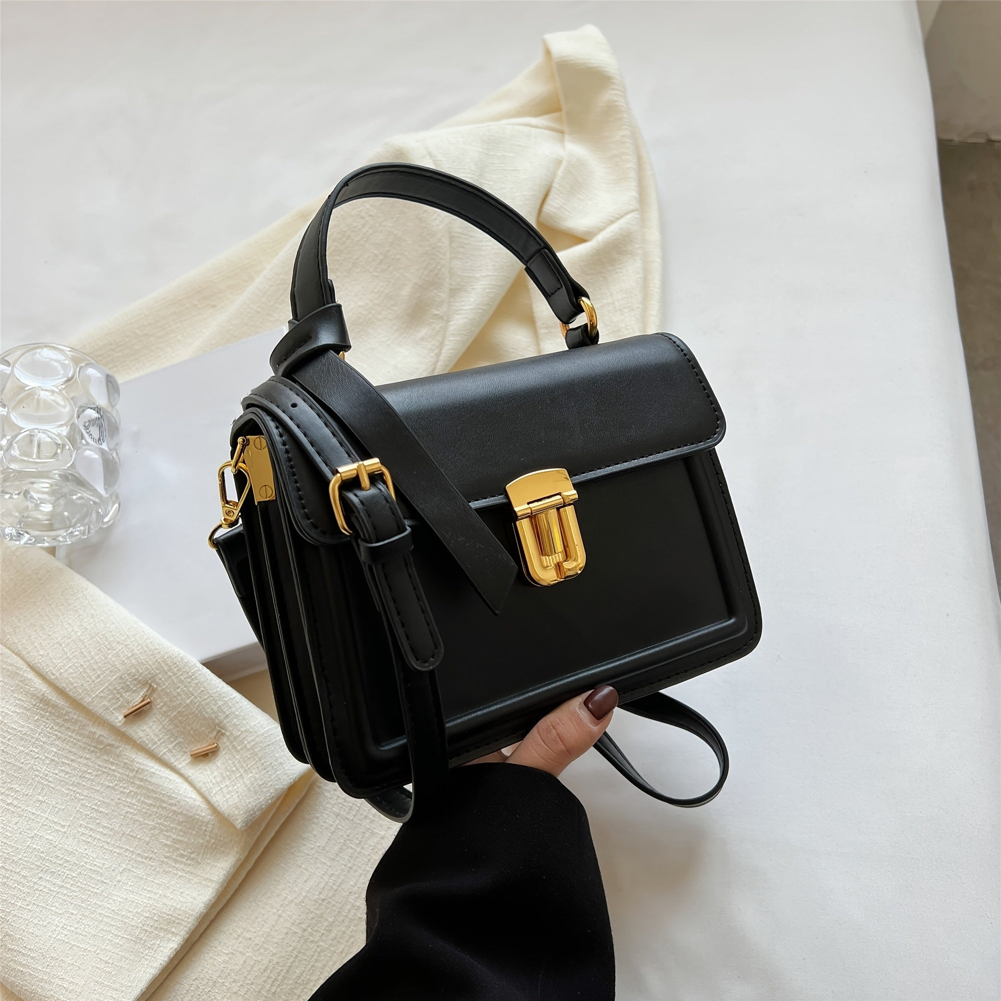Buckle Decor Handbag Square Crossbody Bag Faux Leather Flap Purse For Women