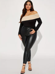  Colorblock Off Shoulder Skinny Bodysuit