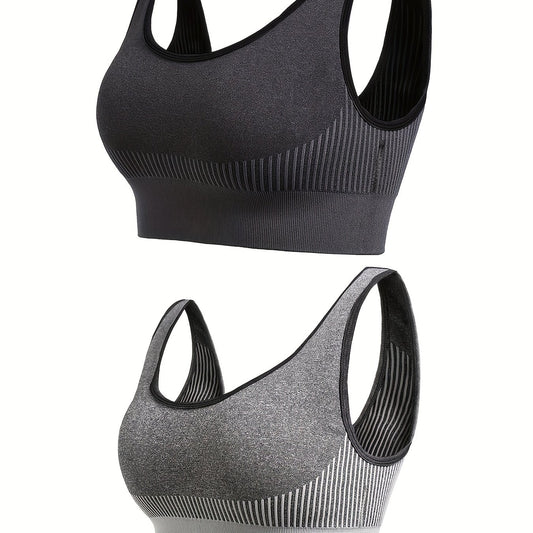 2 Pack Plus Size Striped Print Sporty Bra Set Women's Plus Stretchy