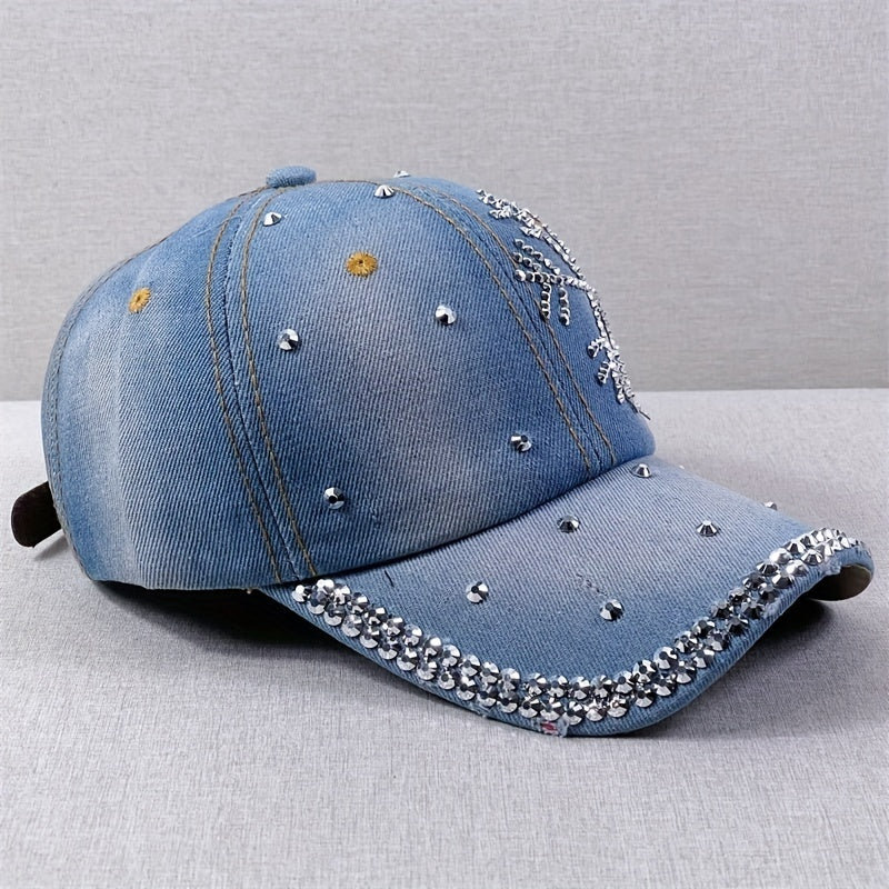 Rhinestone Snowflake Denim Baseball Cap Distressed Dad Hats Sun Hats