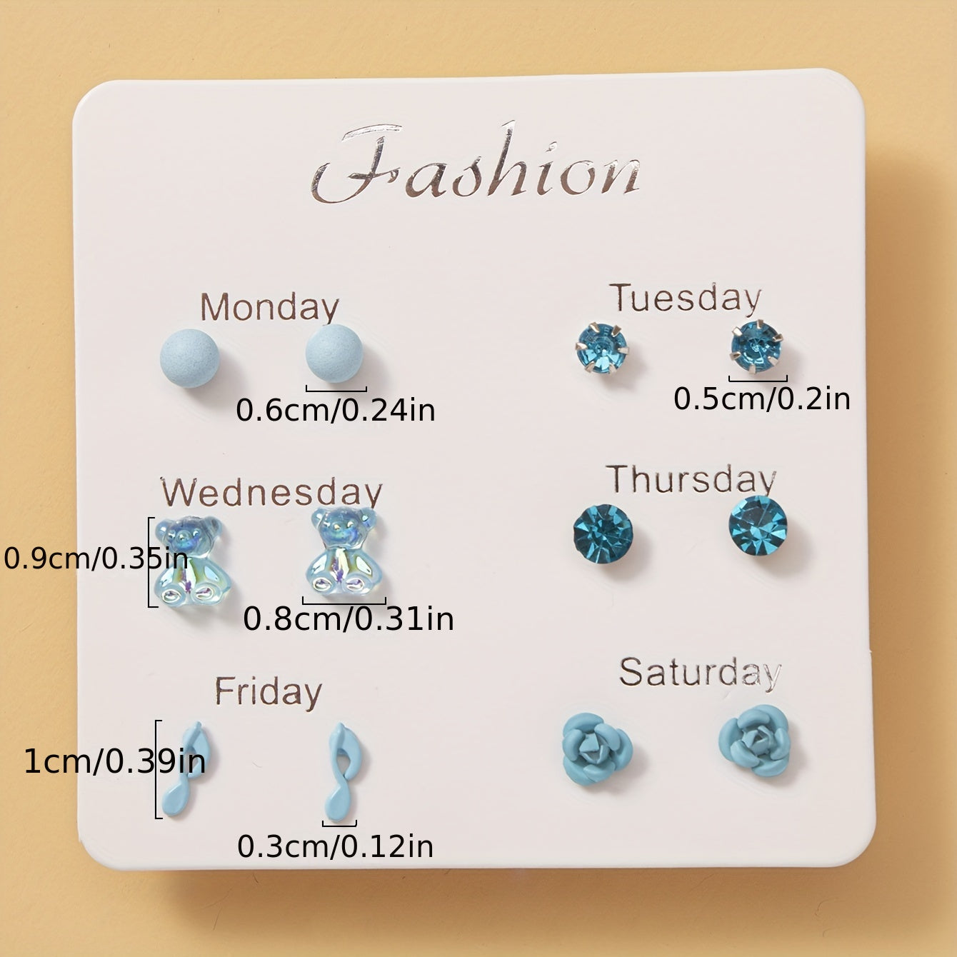 6 Pairs Ladies Bear Flower Music Symbol Stud Earrings Set