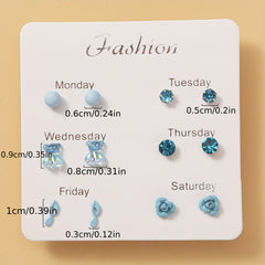 6 Pairs Ladies Bear Flower Music Symbol Stud Earrings Set