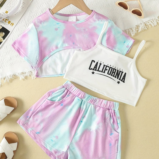 Girls Teen Tie Dye Top & Shorts & Cami Top Set for Summer