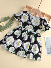 Girl's Flower Print Ruffle Short Sleeve Dress
