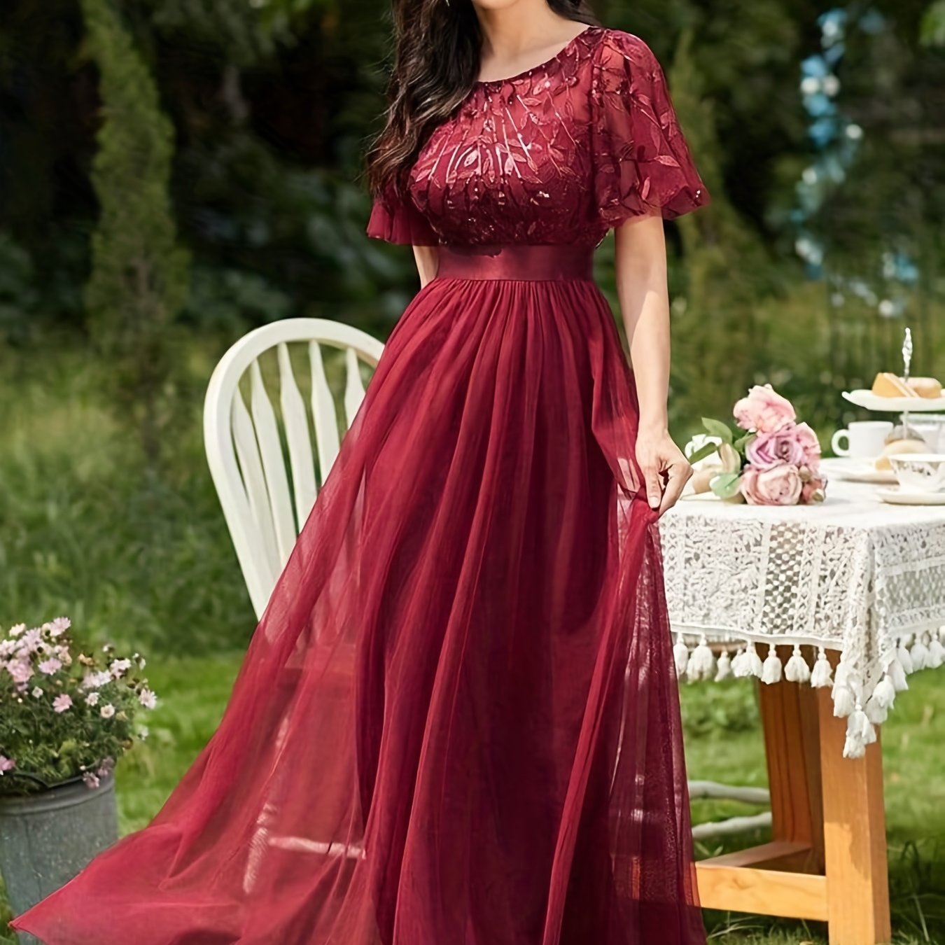 Mesh Contrast Maxi Party Dress Short Sleeve Crew Neck Evening Wear
