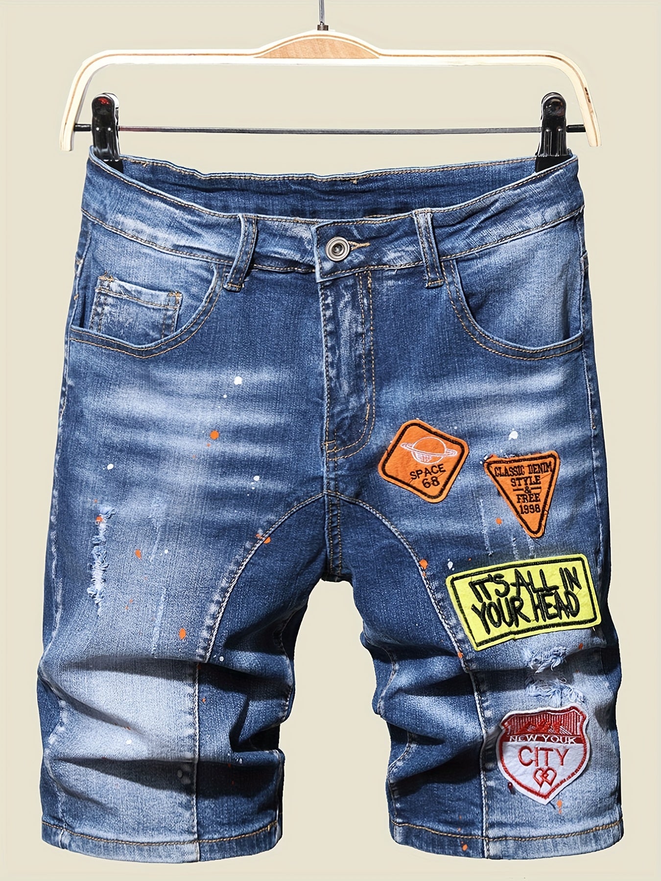 Splatter Dot Slim Fit High Stretch Denim Shorts Men's Summer Shorts