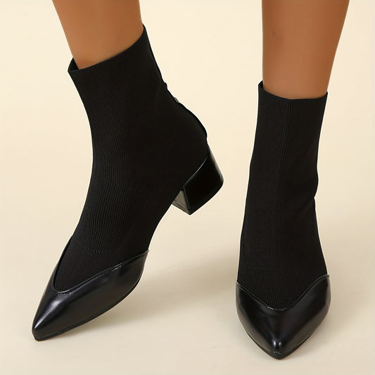Women's Pointed Toe Ankle Boots Knitted Slip On Low Heels Stretch Short Boots
