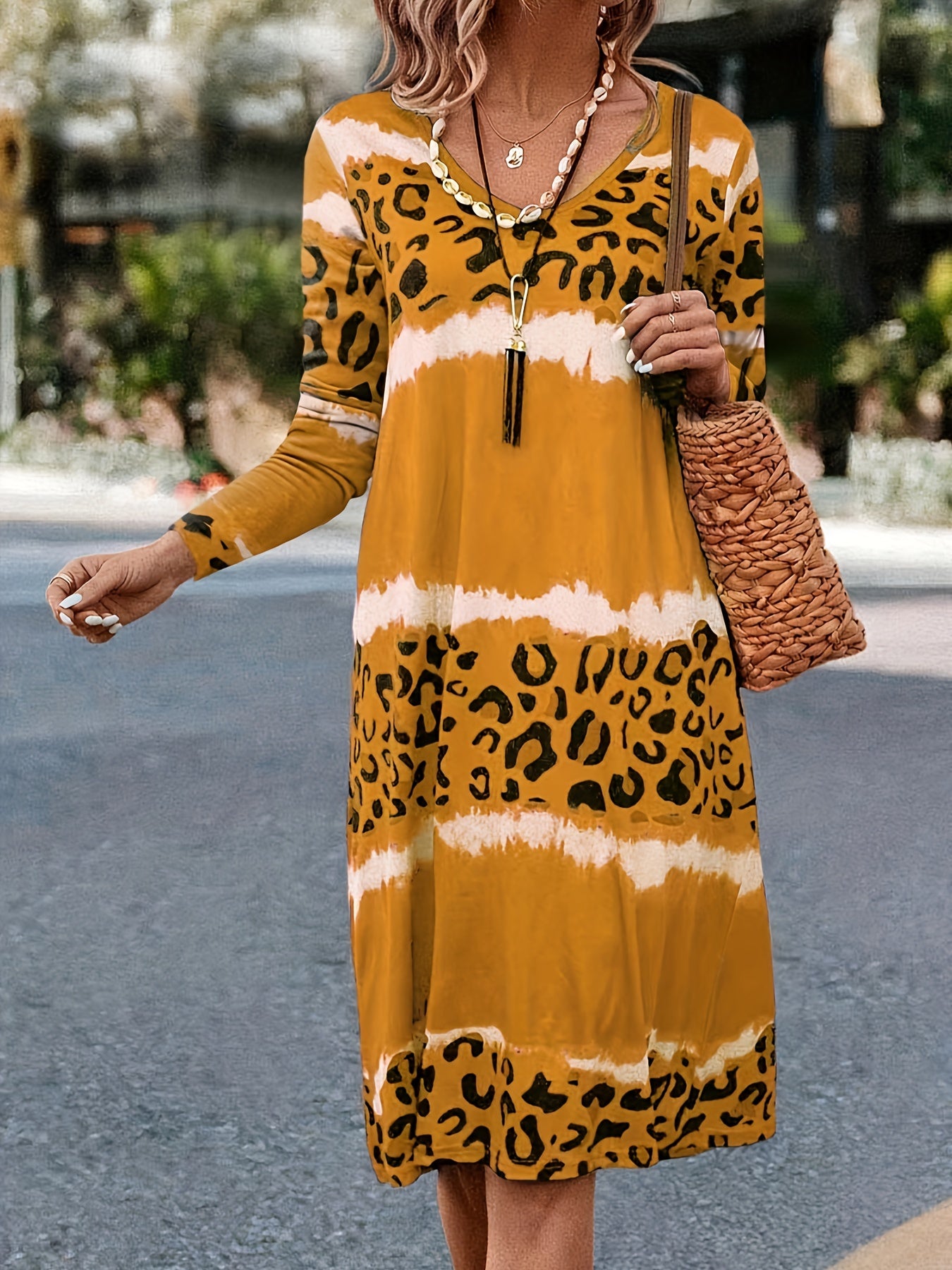 Plus Tie Dye & Leopard Print V-Neck Dress