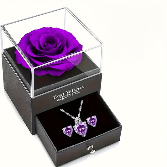 Purple Rose Gift Set with Heart Necklace & Earrings