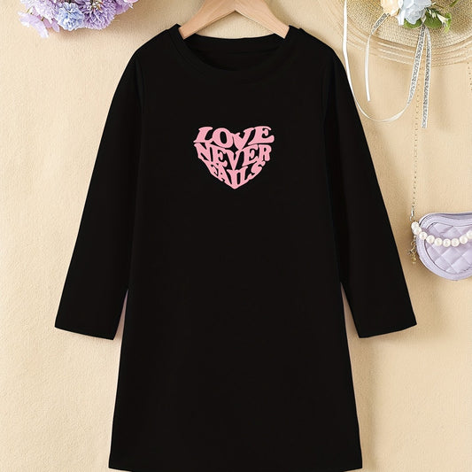 Girls' Heart Print Long Sleeve Dress for Spring Fall