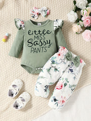 Cute Baby Girls 3 Piece Outfit Squirrel Print Ruffle Sleeve Bodysuit Pants & Hea
