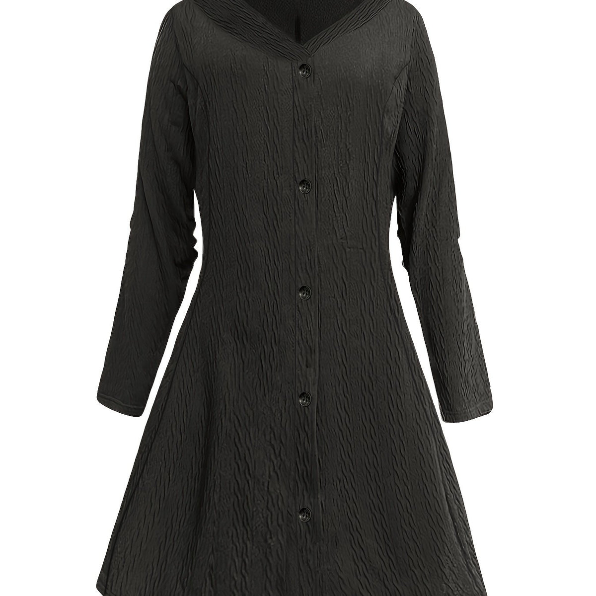  Solid Jacquard Button Up Long Sleeve Hooded Dress