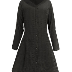  Solid Jacquard Button Up Long Sleeve Hooded Dress