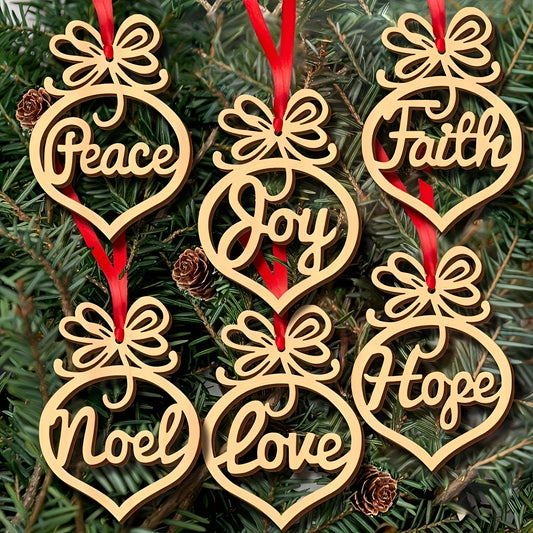 6pc Christmas Tree Wood Ornaments Set Hollow Cut Festive Decor Peace Faith Joy