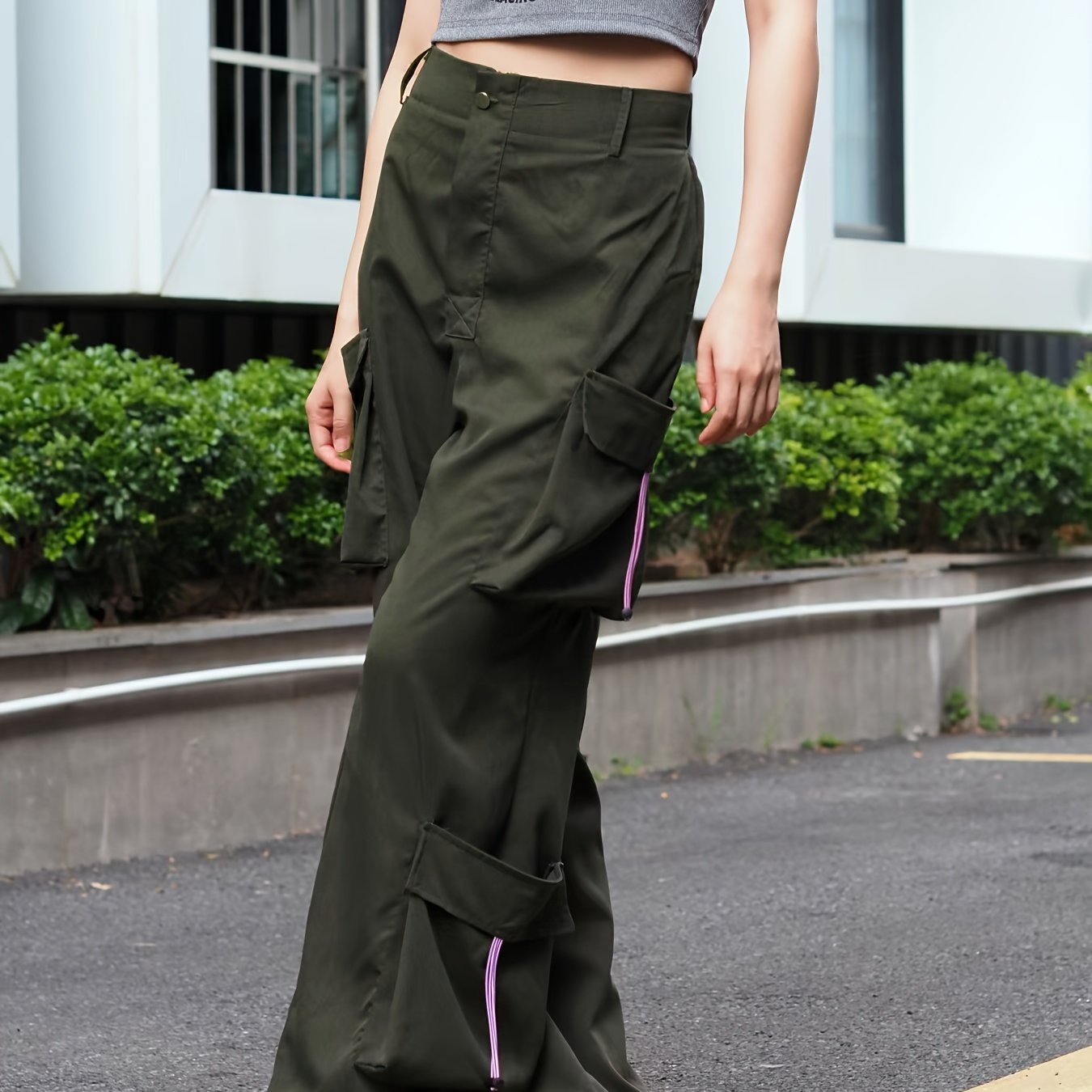  Y2K Cargo Pants Women's Solid Drawstring Loose Fit Flap Pockets
