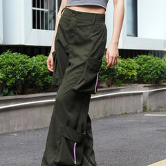  Y2K Cargo Pants Women's Solid Drawstring Loose Fit Flap Pockets